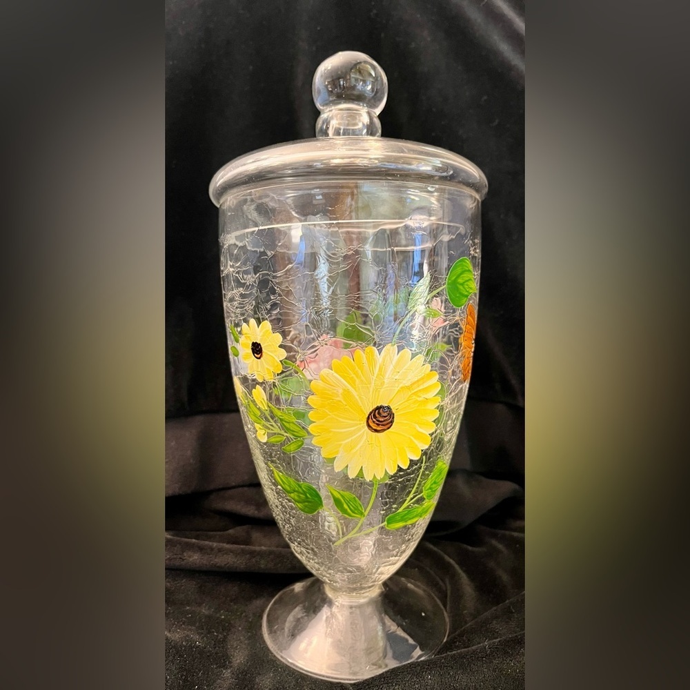 Lenox Meadow Hand Painted Crackle Glass Lidded Jar Cottagecore Garden Floral VTG